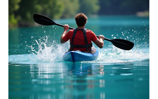 Kayaker performing a perfect forward stroke on calm water