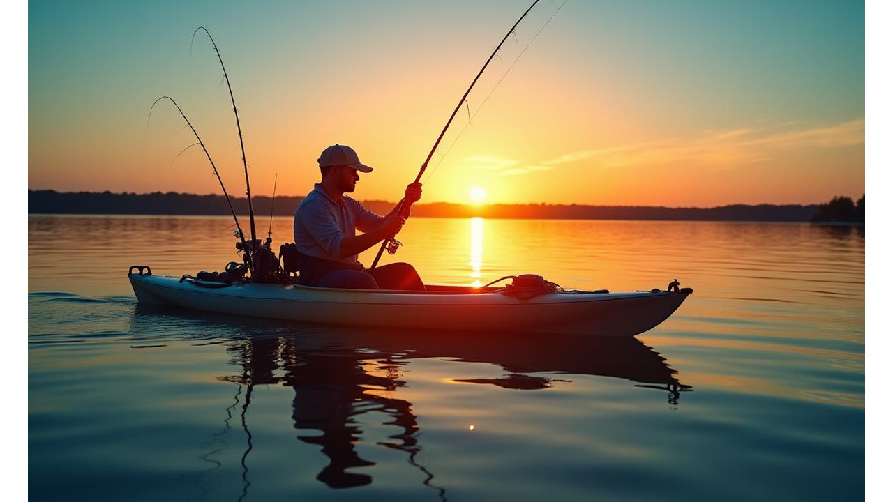 A seasoned kayak angler casting a line from a fully equipped fishing kayak at dawn, surrounded by calm, reflective water, showing organized rod holders and tackle bags.