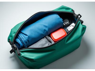 Medium-sized waterproof dry bag with jacket and small electronics inside.